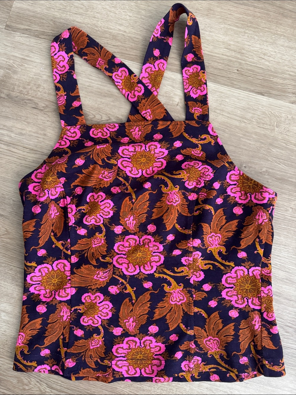 Floral Print Strappy Tank Top - Pink & Brown on Dark Navy